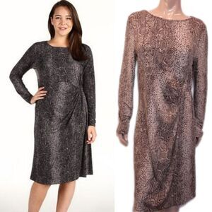 🩵ANNE KLEIN Snake Print Dress Long Sleeve Gathered Side Stretchy Modest